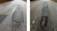 Två bilder på slitna asfalterade vägar