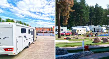 husbil i stadsmiljö intill bild på campingplats i Mora