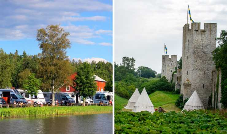 husbilar vid vatten och tält intill gammal ringmur