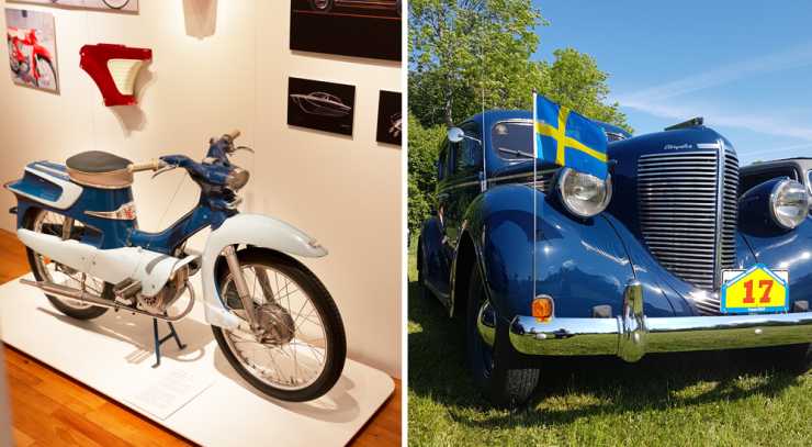 moped och blå veteranbil