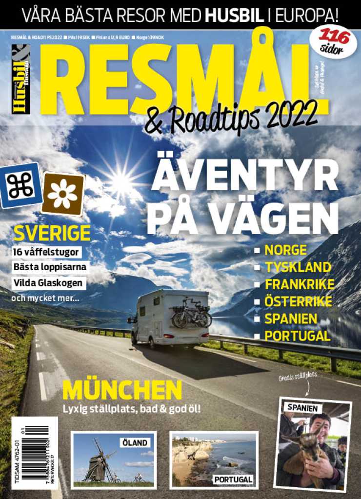 Omslag Resmål &amp; Roadtrips 2022, husbil på norsk väg