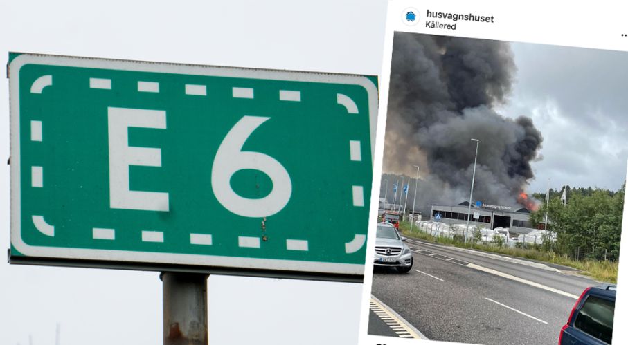Trafiken på E6 stoppades tidvis under måndagen på grund av branden i Husvagnshuset.