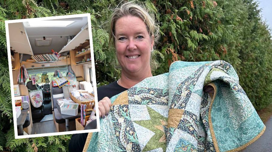 Maria Bussler säljer allt som behövs för att sy lapptäcken i sin "quiltmobil".