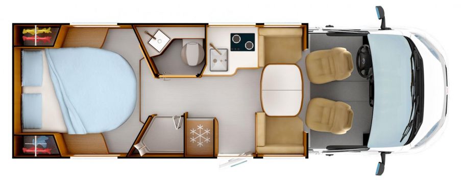 Största varianten i C-serien heter C86 och den har en queenbed samt bäddbar loungesittgrupp. Separat dusch och wc.