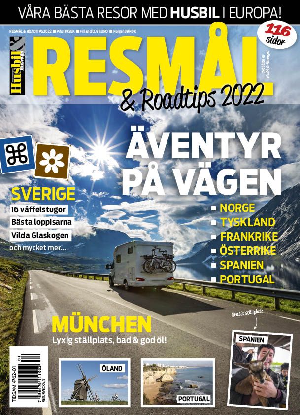 Omslag Resmål & Roadtrips 2022, husbil på norsk väg