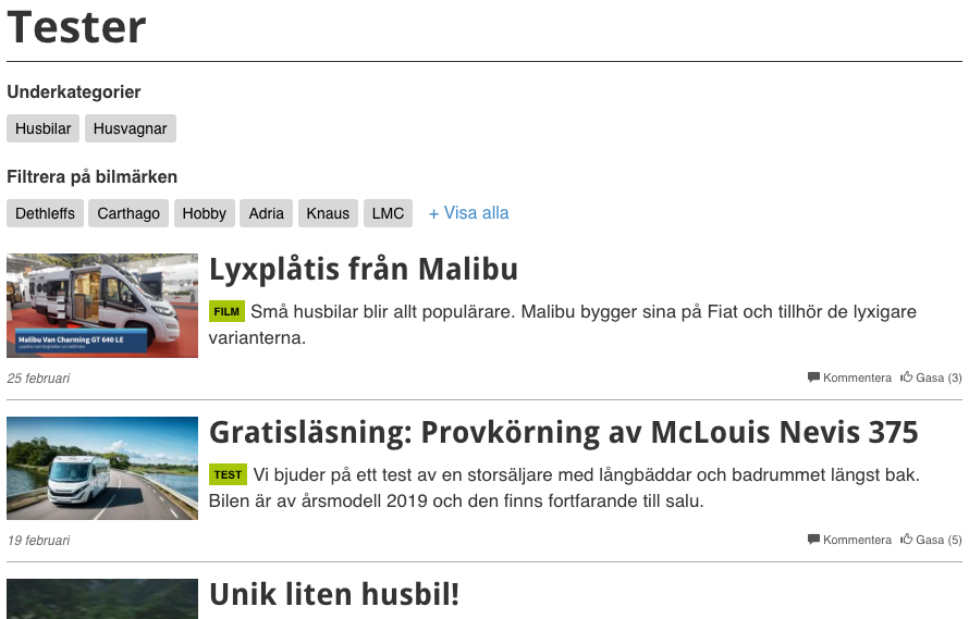 Så här ser vårt testarkiv ut. Du kan filtrera på märke eller fordonstyp högst upp.